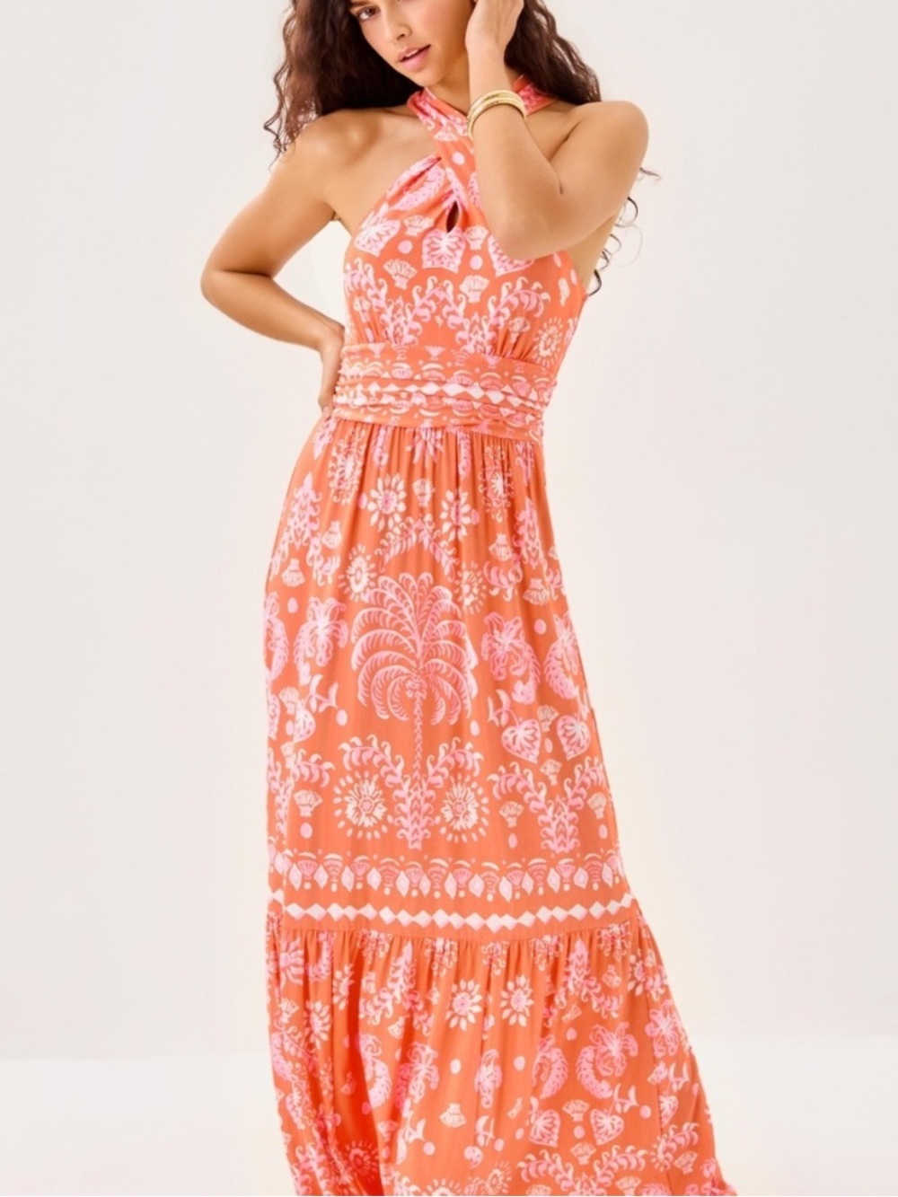 Lilly Pulitzer Montecito Halter Maxi Dress Papaya Breezy Palm Engineered Print - Picture 2 of 10